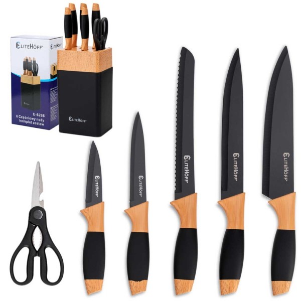 Zestaw noży kuchennych E-6266 w stojaku z ostrzałką - do domu, 6 elementów