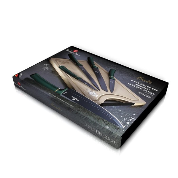 Набір кухонних ножів Berlinger Haus Metallic Emerald Line BH-2551, 6 ел. з обробною дошкою для нарізання