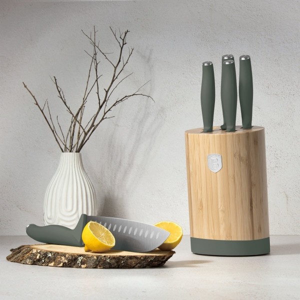 Набір кухонних ножів BerlingerHaus Matte Green Collection BH-2757, 5 предметів, у бамбуковій підставці для зручного зберігання