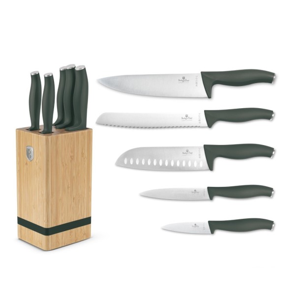 Набір ножів BerlingerHaus Matte Green Collection BH-2751, 5 елементів, у бамбуковій підставці для кухонного використання