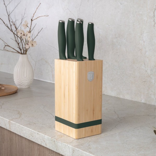 Набір ножів BerlingerHaus Matte Green Collection BH-2751, 5 елементів, у бамбуковій підставці для кухонного використання