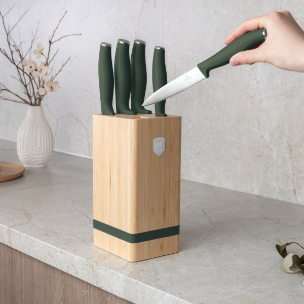 Набір ножів BerlingerHaus Matte Green Collection BH-2751, 5 елементів, у бамбуковій підставці для кухонного використання