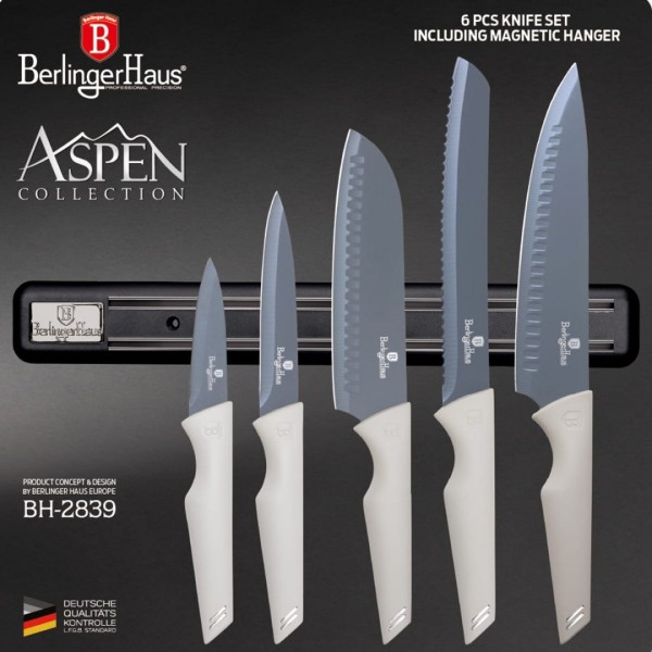 Набір кухонних ножів Berlinger Haus Aspen BH-2839 з магнітною планкою, 6 предметів для зручного зберігання