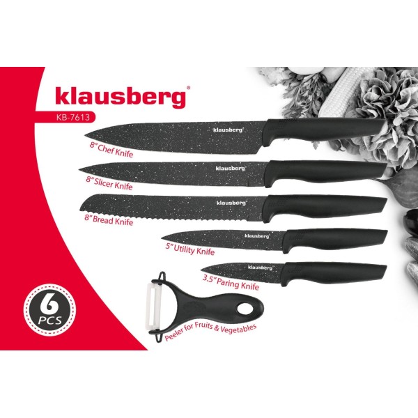 Zestaw noży kuchennych Klausberg KB-7613 z powłoką marmurową, 6 elementów do codziennego użytku