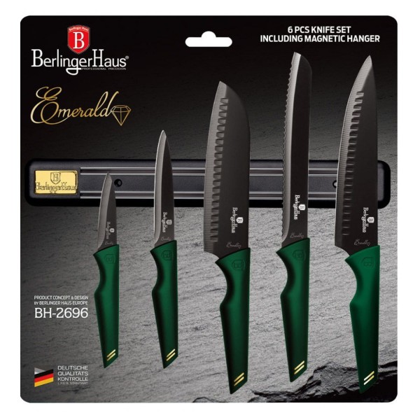 Набір кухонних ножів Berlinger Haus Emerald BH-2696, 6 ел., з магнітною планкою для зберігання