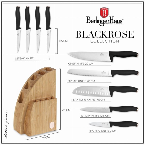 Набір кухонних ножів Berlinger Haus Black Rose BH-2760 у бамбуковому блоці для зручного зберігання, 10 предметів