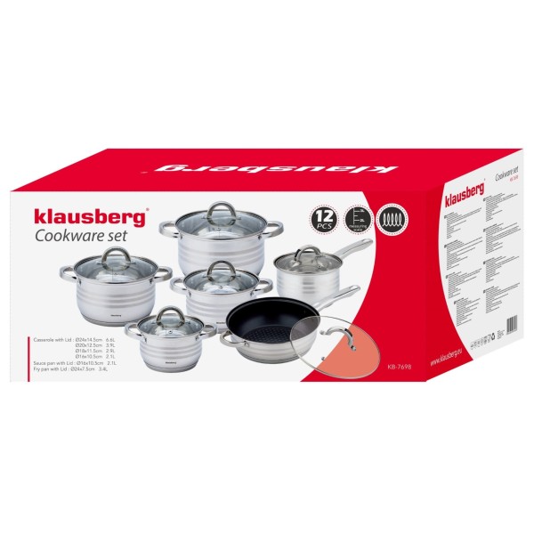 Komplety garnków Klausberg KB-7698 stalowe 12 elementów różne pojemności
