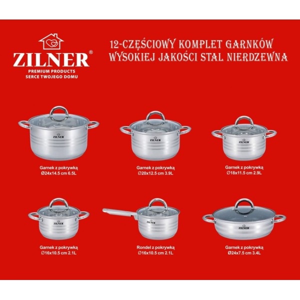 Komplet garnków Zilner ZL-8102 stalowy 12 elementów do kuchni