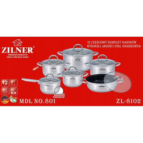Komplet garnków Zilner ZL-8102 stalowy 12 elementów do kuchni