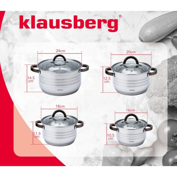 Набір кухонного посуду Klausberg KB-7701, 8 сталевих каструль 2.1-6.6 л для готування