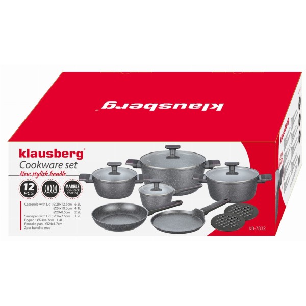 Komplet garnków Klausberg KB-7832 z nieprzywierającą marmorowaną powłoką 12 elementów do kuchni