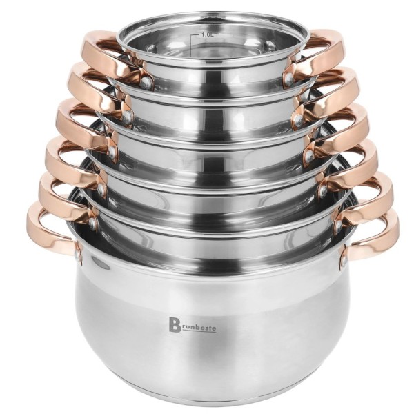 Zestaw garnków BRUNBESTE BB-2208 — garnki ze stali nierdzewnej na gaz i indukcję, 12 el.
