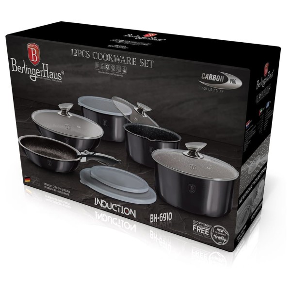Комплект каструль Berlinger Haus Carbon Pro BH-6910 12 ел. з гранитовим покриттям для готування