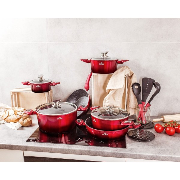 Komplet garnków Zilner Cherry Red Noir ZL-8520 z powłoką granitową 15 elementów do kuchni