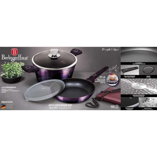 Komplet garnków i patelni Berlinger Haus Purple Eclipse BH-7102 z powłoką tytanową 24 cm, 4 elementy
