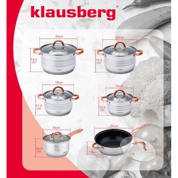 Комплект сталевих каструль Klausberg KB-7700, 12 предметів, 2.1-6.6 л для готування