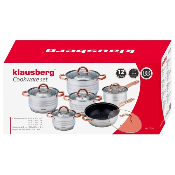 Комплект сталевих каструль Klausberg KB-7700, 12 предметів, 2.1-6.6 л для готування