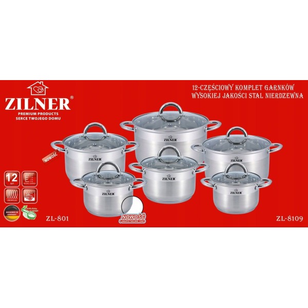 Komplet garnków Zilner ZL-8109 stalowy 12 elementów do gotowania