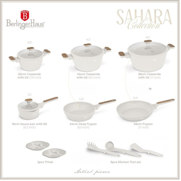 Zestaw garnków i patelni, BerlingerHaus Sahara BH-8325 — 15 el., uchwyty z drewnopodobnymi elementami