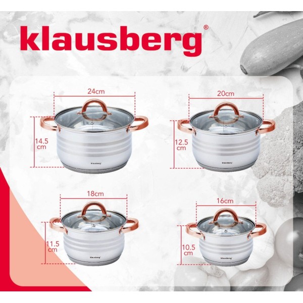 Комплект каструль Klausberg KB-7699 сталевий 8 ел. для приготування їжі 2.1/2.9/3.9/6.6 л