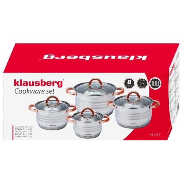 Комплект каструль Klausberg KB-7699 сталевий 8 ел. для приготування їжі 2.1/2.9/3.9/6.6 л