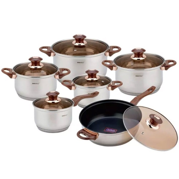 Комплект сталевих каструль Kinghoff KH-1768 Rosegold, 12 предметів для готування