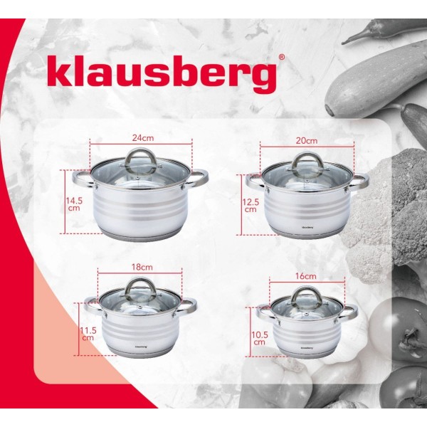 Комплект каструль Klausberg KB-7694, 8 шт, сталь, 2.1-6.6 л для щоденного приготування