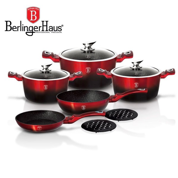 Набір каструль Berlinger Haus Metallic Black Burgundy Line 10 ел. для якісного приготування їжі BH-1631-N