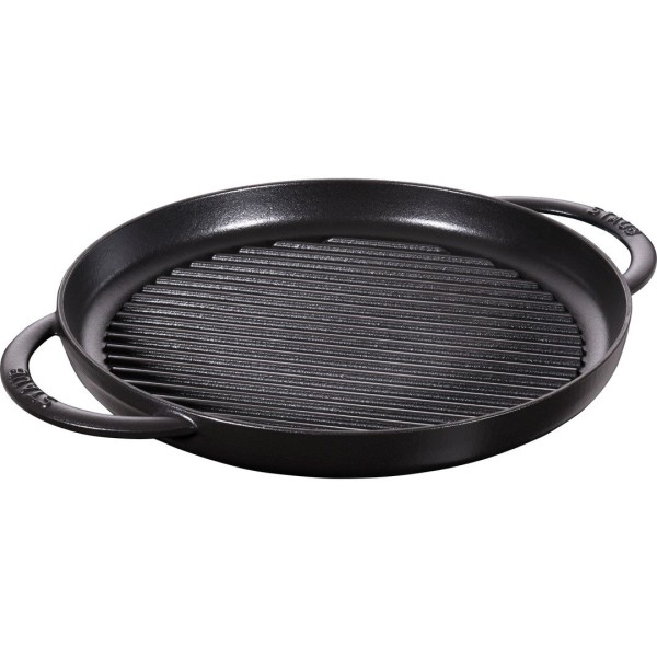Patelnia grillowa Staub okrągła 30 cm żeliwna z dwoma uchwytami czarna