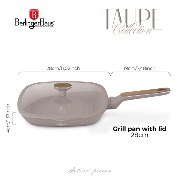 Patelnia grillowa, BerlingerHaus BH-8336 Taupe Nordic, 28 cm z pokrywką