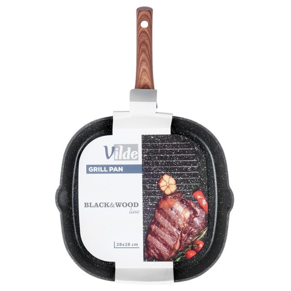 Patelnia grillowa, VILDE GRILL 199056 Black&Wood, granitowa kwadratowa 28x28 cm