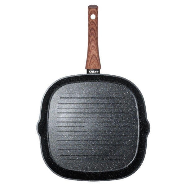 Patelnia grillowa, VILDE GRILL 199056 Black&Wood, granitowa kwadratowa 28x28 cm