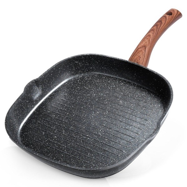 Patelnia grillowa, VILDE GRILL 199056 Black&Wood, granitowa kwadratowa 28x28 cm
