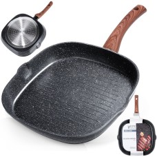 Patelnia grillowa, VILDE GRILL 199056 Black&Wood, granitowa kwadratowa 28x28 cm