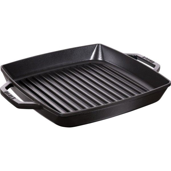 Patelnia grillowa Staub kwadratowa 28 cm żeliwna z dwoma uchwytami czarna