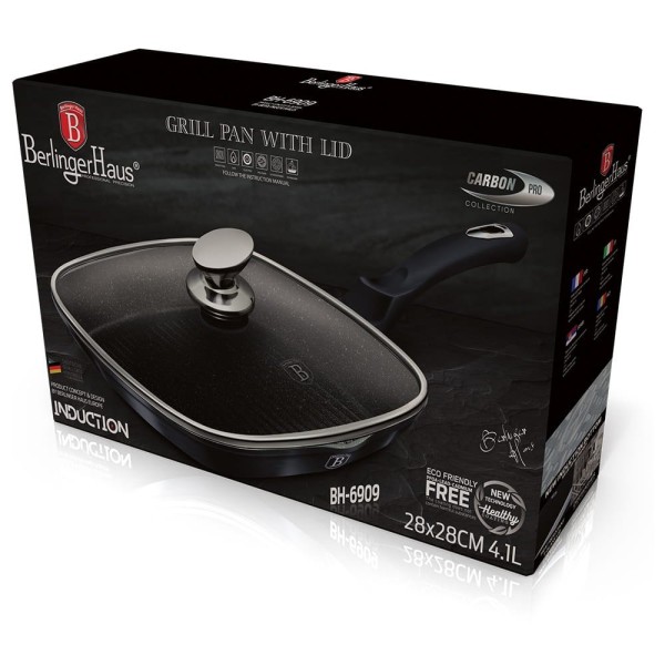 Patelnia grillowa Berlinger Haus Carbon Pro BH-6909 28x28 cm z powłoką granitową do grillowania w kuchni