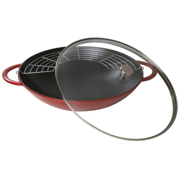 Patelnia wok Staub żeliwna 37 cm z pokrywką czerwona do kuchni
