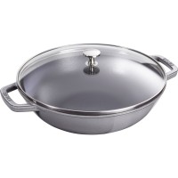 Wok żeliwny Staub 30 cm z pokrywką do gotowania na kuchence gazowej grafitowy