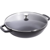 Wok żeliwny Staub 30 cm z pokrywką do kuchni indyjskiej i azjatyckiej, czarny