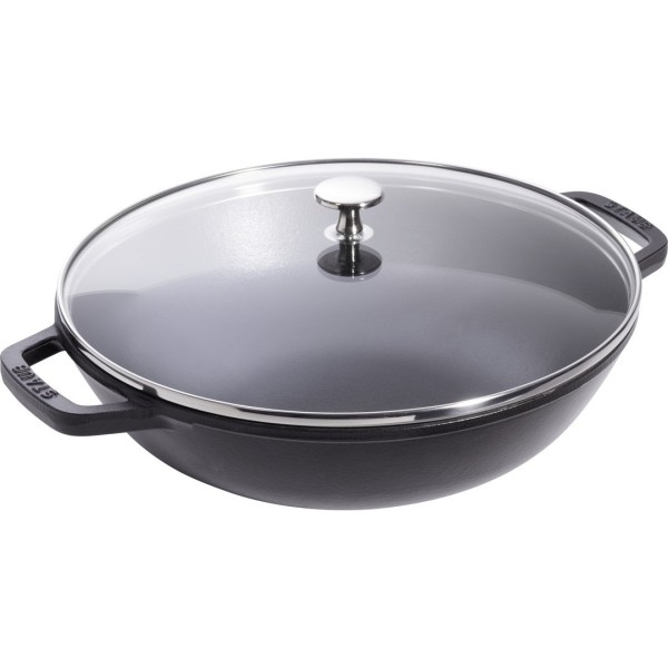 Wok żeliwny Staub 30 cm z pokrywką do kuchni indyjskiej i azjatyckiej, czarny