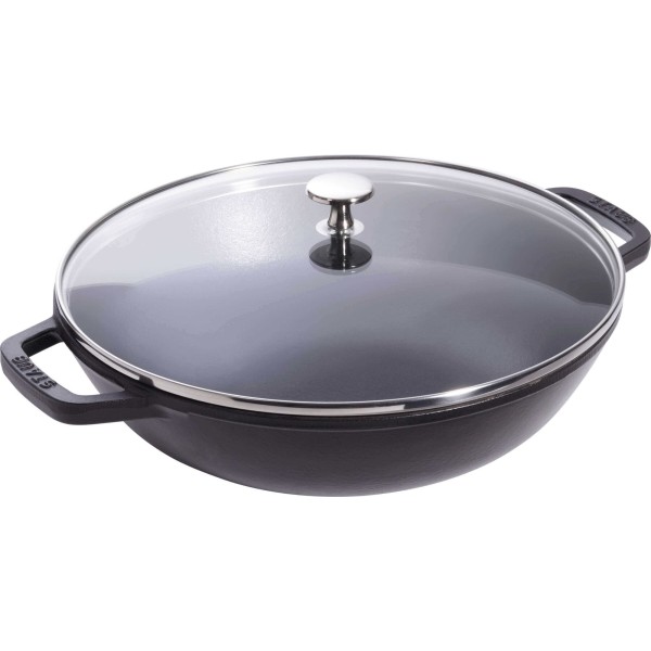 Wok żeliwny Staub 30 cm z pokrywką do kuchni indyjskiej i azjatyckiej, czarny