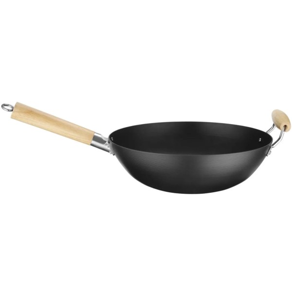 Patelnia wok stal węglowa 324 mm z drewnianymi uchwytami do kuchni