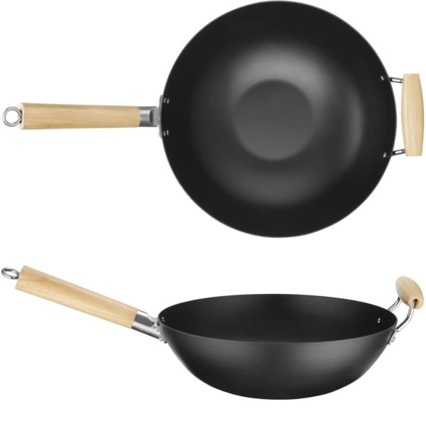 Patelnia wok stal węglowa 324 mm z drewnianymi uchwytami do kuchni
