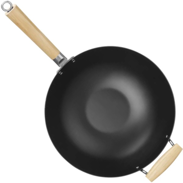 Patelnia wok stal węglowa 324 mm z drewnianymi uchwytami do kuchni