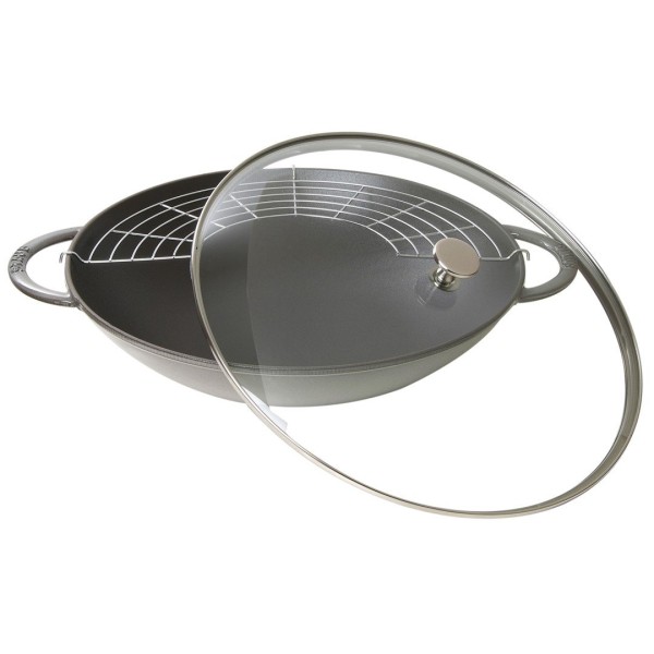 Wok żeliwny Staub 37 cm z pokrywką do szybkiego smażenia grafitowy