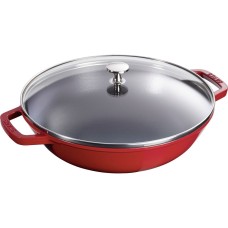 Wok żeliwny Staub 30 cm z pokrywką czerwony do gotowania