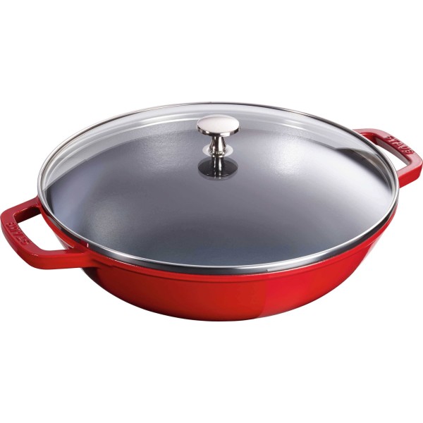 Wok żeliwny Staub 30 cm z pokrywką czerwony do gotowania