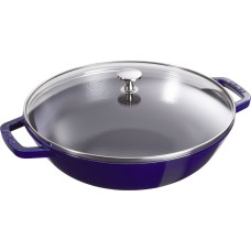 Wok żeliwny Staub 30 cm z pokrywką niebieski do smażenia i duszenia