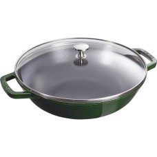 Wok żeliwny Staub 30 cm z pokrywką zielony do smażenia i duszenia