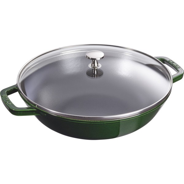 Wok żeliwny Staub 30 cm z pokrywką zielony do smażenia i duszenia